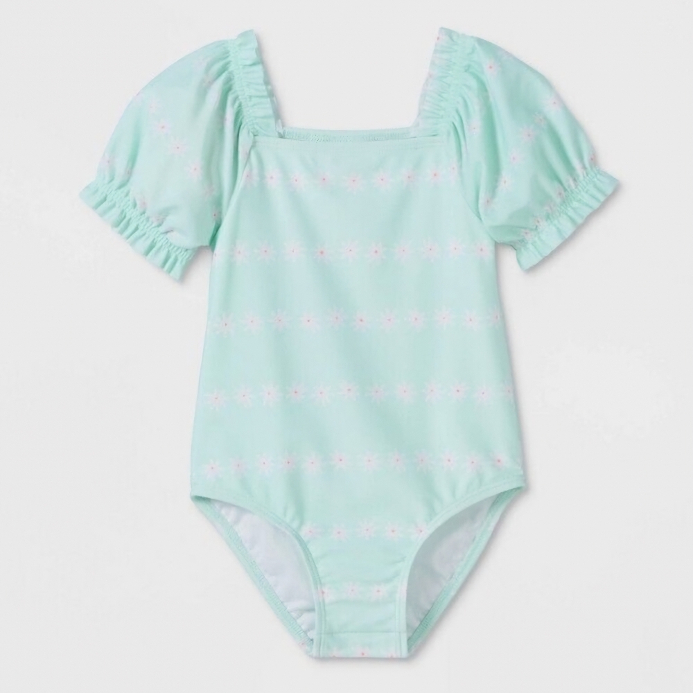 NWT Toddler Girls Cat & Jack Daisy Print Puff Sleeve One Piece Swimsuit, Size 4T